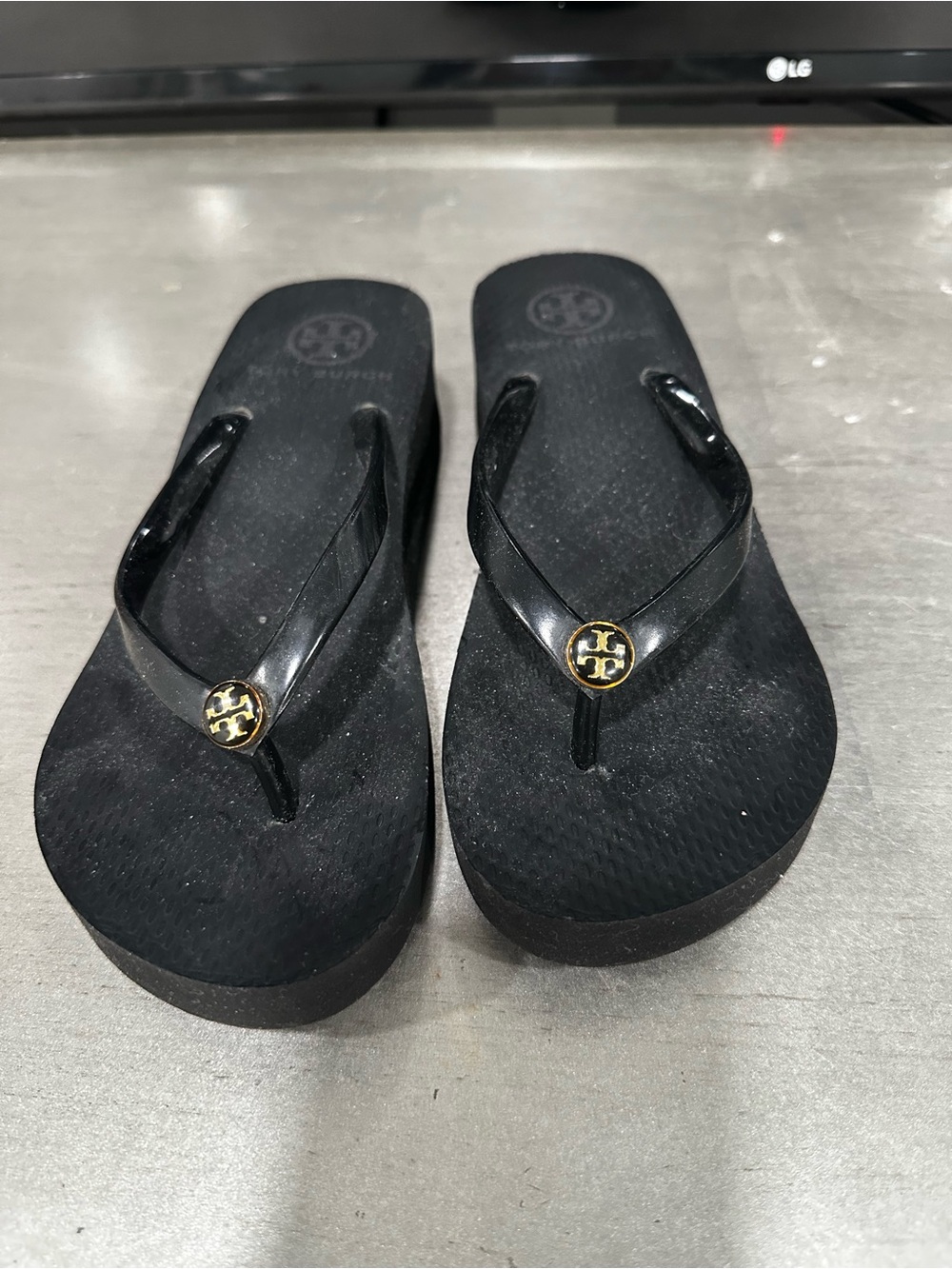 Tory Burch Black Platform Logo Flip Flops with Gold Emblem